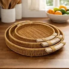 Kit 3 Peças Bandeja Decoração Madeira Redonda ou Retangular Suporte Café Petiscos frutas Organizador