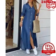 Vestido longo casual soltinho feminino com lapela estampada manga longa
