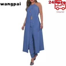 Conjunto feminino pescoço sem mangas cor sólida solto top de cintura alta