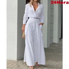 Conjunto feminino casual cor sólida camisa de manga comprida calça de cintura alta e pernas largas
