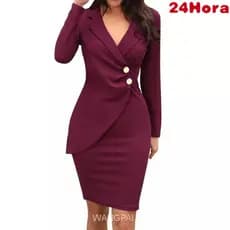Vestido midi profissional casual feminino de manga comprida com decote em V