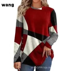 Impressão geométrica feminino redondo pescoço botão até manga longa t-shirt