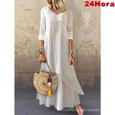 Vestido Longo casual Retrô Feminino De Manga Três Quartos Com Decote Em V