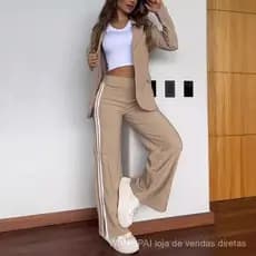 Conjuntos de mulheres listrado casual de manga comprida lapela blazer perna reta calças conjunto de duas peças