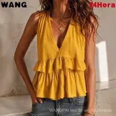 Colete Feminino Elegante com Decote em V e Detalhe Franzido em Cor Sólida