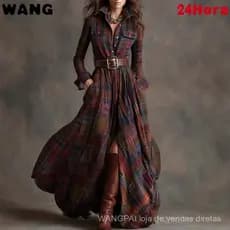 Vestido Longo Irregular Xadrez Retrô Feminino