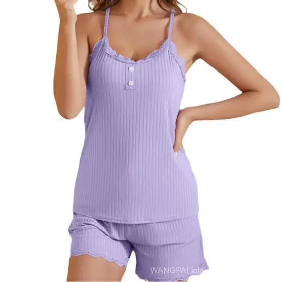 Conjunto de Camisola de Cor Sólida com Detalhes em Renda + Shorts para Mulheres, Roupa de Casa em Duas Peças