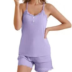 Conjunto de Camisola de Cor Sólida com Detalhes em Renda + Shorts para Mulheres, Roupa de Casa em Duas Peças