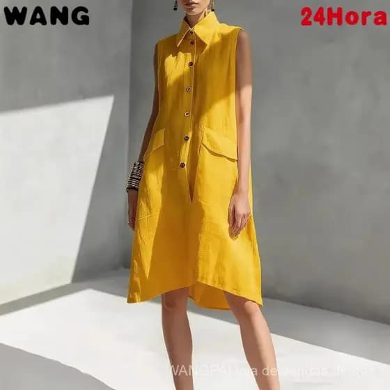 Vestido feminino de algodão sem mangas, com gola, de cor sólida e corte solto.