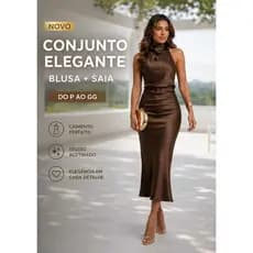 Conjunto Feminino Elegante Cetim Blusa Frente Única + Saia Midi Social Festa Casamento Igreja Formatura P M G GG