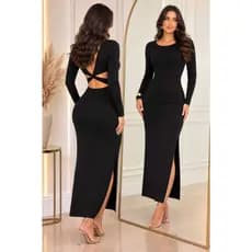 Vestido Longo com Fenda Lateral Manga Longa Gola Careca Tecido Ana Ruga