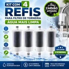 Refil Universal para Filtro de Torneira, kit com 04 unidades de Refil carvão ativado para torneira