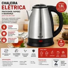 Chaleira Elétrica 1.8Lts 1500W 220V Inox,Fervedor Rápido de Água, Desligamento Automático, Base 360°