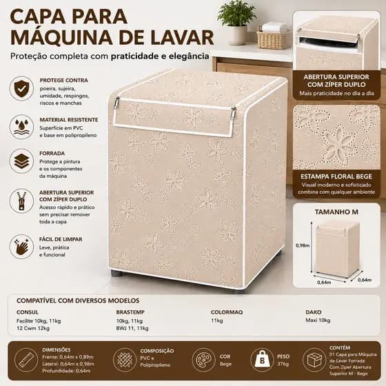 Capa Para Máquina de Lavar Forrada Com Zíper Abertura Superior M - Bege/Capa máquina de lavar prática