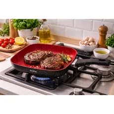 Frigideira Grill Quadrada 24cm Antiaderente Indução Stone Red ,THIKA, Carne, Legumes,peixe