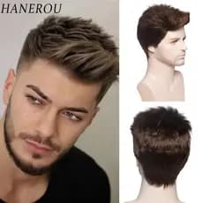 cabelo adesivo Peruca Curta Homem Natural Reta Ombre Marrom Resistente Ao Calor Fibra Para Cosplay Diário Parte