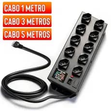 Filtro de Linha 10 Tomadas Espaçadas (Extensão 1mt 3mt 5mt) Profissional Metal Preto