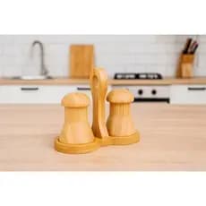 Kit Saleiro e Pimenteiro de Mesa 100% Bambu com Suporte