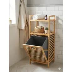 Rack De Bambu Com Cesto De Roupas Lavanderia C/ 2 Prateleiras Organizador Grande