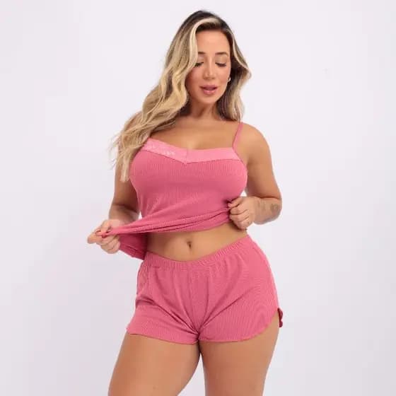 Pijama Short Doll Baby Doll Liso Canelado C/ Renda Roupa para Dormir
