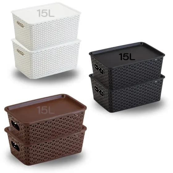 Kit 1, 2, 3 ou 4 Caixas Cestos Organizador 15l c/ Tampa Ratan Empilhável
