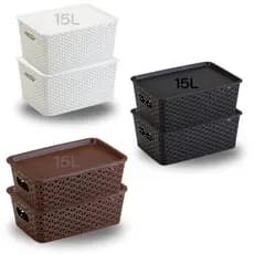 Kit 1, 2, 3 ou 4 Caixas Cestos Organizador 15l c/ Tampa Ratan Empilhável