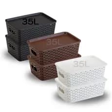 Kit 1, 2, 3 ou 4 Caixas Cestos Organizador 35l Tampa Ratan Empilhável