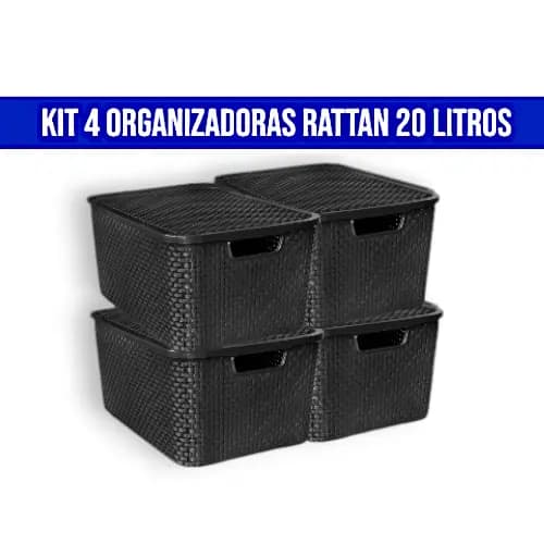 Kit 4 Caixa Organizadora Rattan 20litros Caixa Decorativa Organizadora Preta