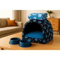 Kit Completo Pet – Cama Iglu (P, M ou G) + 2 Comedouros + Manta Conforto
