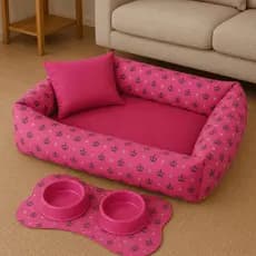 Kit Cama para Cachorro e Gato Pet Luxo De Fibra Tapete E Comedouro P a G Envio Imediato