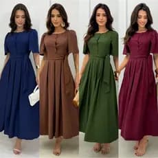 Vestido Midi Feminino  Elegante com Botões Forrados  frontais, Manga Curta e Saia Rodada – Look Casual e Social