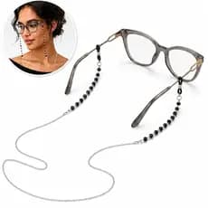 Cordão Para Óculos Pedra Ônix Corrente Feminina Aço 65cm