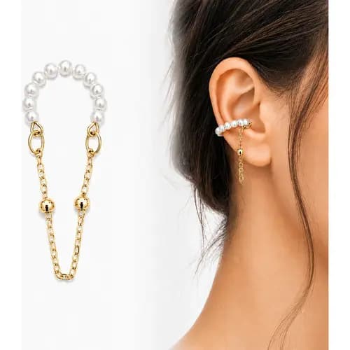 Brinco Ear Cuff Corrente Pérolas Banhado Ouro/prata Feminino