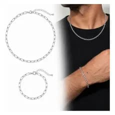 Kit Conjunto Corrente Pulseira Masculino Elos Banhado Prata