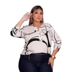 Plus Size Camisa Social Feminina Estampada Manga 3/4