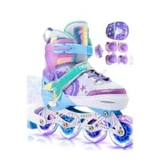 Patins Inline Infantil Sereia + Kit Proteção Opcional Rodas Led Rosa ou Roxo Melhor Preço Promoção