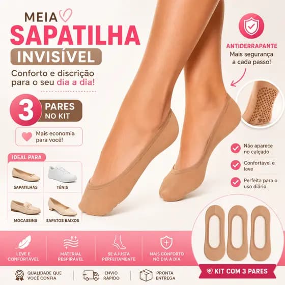 Kit 3 Pares Meia Sapatilha Invisível Antiderrapante Confortável meia para sapatilha meia para tênis meia confortável