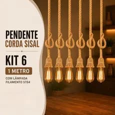 Kit 6 Pendente Corda 1 Metro com 6 Lâmpada Filamento Âmbar ST64 Bivolt 110v/220v Vintage Decorativo