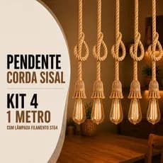 Kit 4 Pendente Corda 1 Metro com 4 Lâmpada Filamento Âmbar ST64 Bivolt 110v/220v Vintage Decorativo