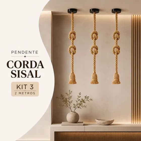 Kit 3 Pendente Luminária Corda 2 Metros Bivolt 127v/220v Retro Vintage Rústico Decorativo E27 Sisal