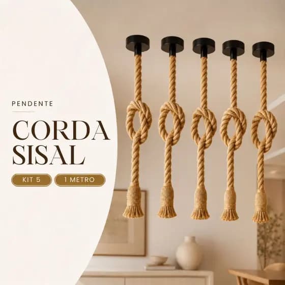 Kit 5 Pendente Luminária Corda Sisal 1 Metro Bivolt 110v 220v Retro Vintage Rústico Decorativo E27
