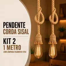 Kit 2 Pendente Corda 1 Metro com 2 Lâmpada Filamento Âmbar ST64 Bivolt 110v/220v Vintage Decorativo