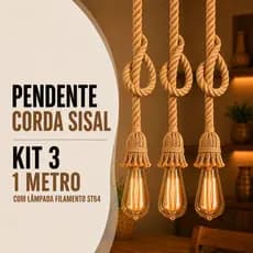 Kit 3 Pendente Corda 1 Metro com 3 Lâmpada Filamento Âmbar ST64 Bivolt 110v/220v Vintage Decorativo