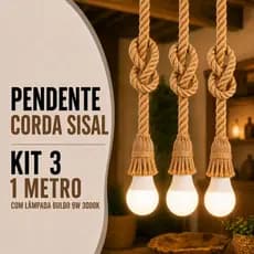 Kit 3 Pendente Corda Sisal 1 Metro 110v 220v Com 3 Lâmpadas Bulbo Led 9w 3000k Branco Quente Bivolt