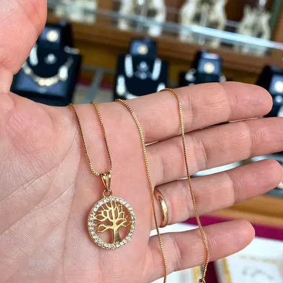 COLAR ARVORE DA VIDA CRAVEJADO ZIRCONIA SEMIJOIA FOLHEADO A OURO
