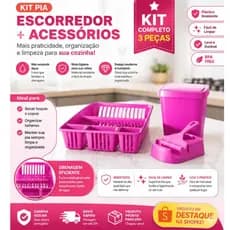 Escorredor de Louça, Kit Pia, Lixeira, Porta Detergente, Rodinho - Cozinha Rosa - Cozinha Completa