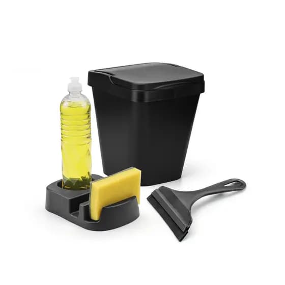 Kit Pia Preto Lixeira 05 Litros Porta Detergente com Porta Esponja e Rodinho de Pia