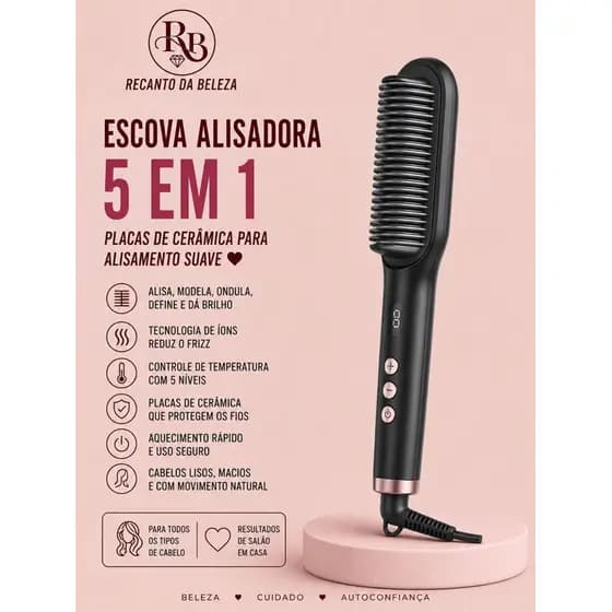 Escova Alisadora 5 em 1 com Placas de Cerâmica para Alisamento Suave