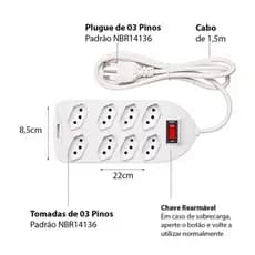 Filtro De Linha Branco 8 Tomadas Cabo 1,5m Intelbras Epe 1008+ Bivot