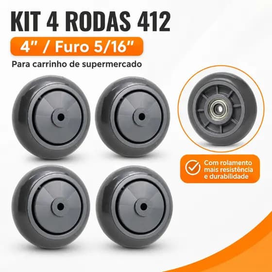 Kit 4 Rodas 412 Rolamento Esfera PVC 4 Pol Furo 5/16 Carrinho Supermercado